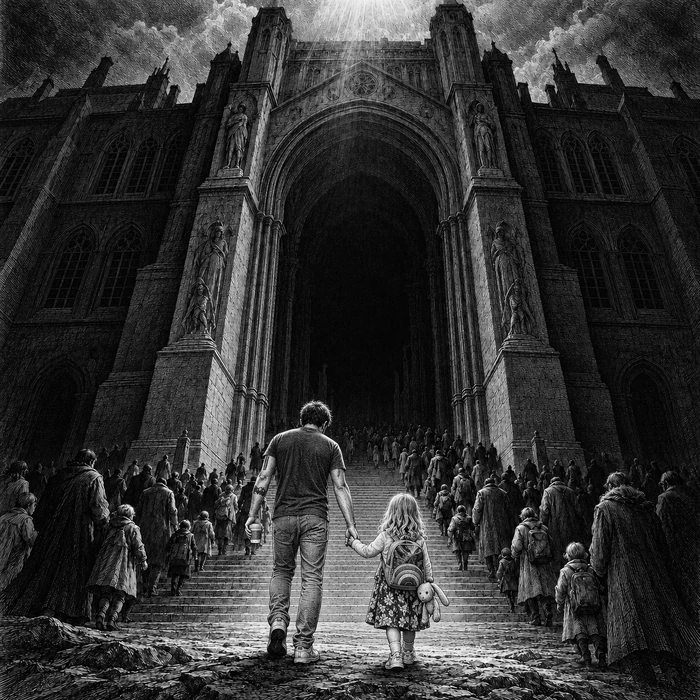 Gravure en noir et blanc : une partie de jeu entre amis dans une cathédrale gothique